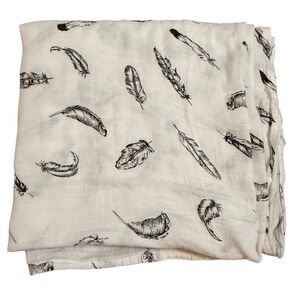 White Muslin Cotton Swaddle Blanket Black Feather Print Boho Unisex Baby 44x44